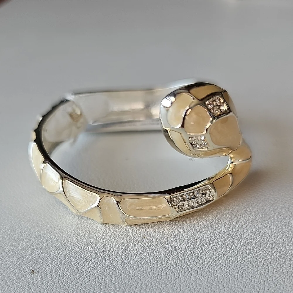 Elegant White Enamel Locking Snake Bracelet With Crystal Stones